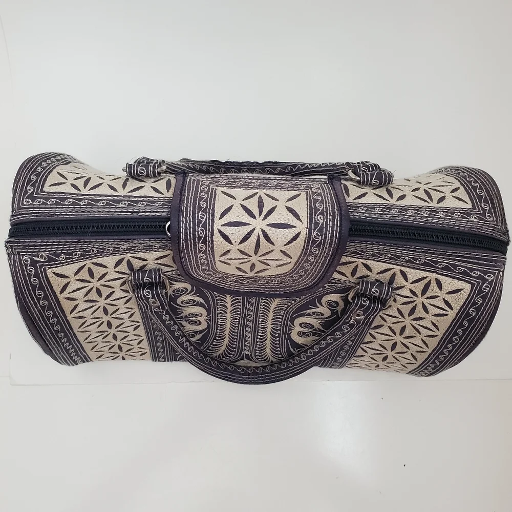 Embroidered Canvas Tote Bag in Black and Cream